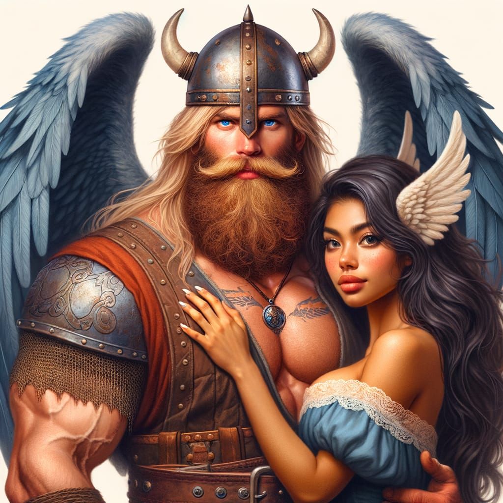Winged Viking Holds Woman Tenderly in Arms