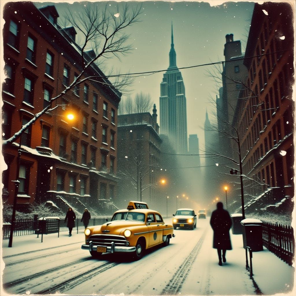 Vintage NYC Winter Scene Yellow Taxi Poster