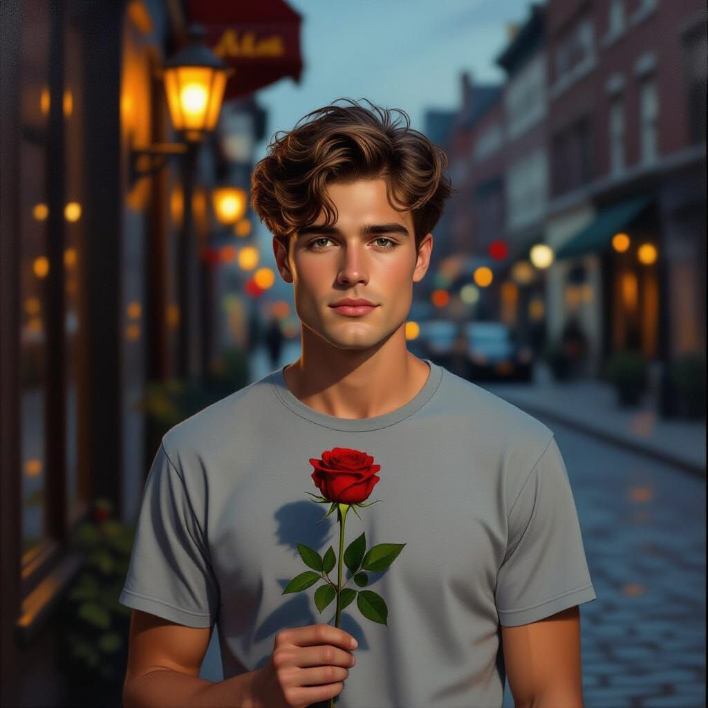 Romantic Melancholy: Man with Rose at Dusk