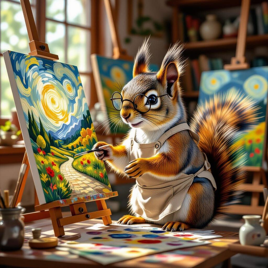 Squirrel Art Conservator in Sunlit Atelier