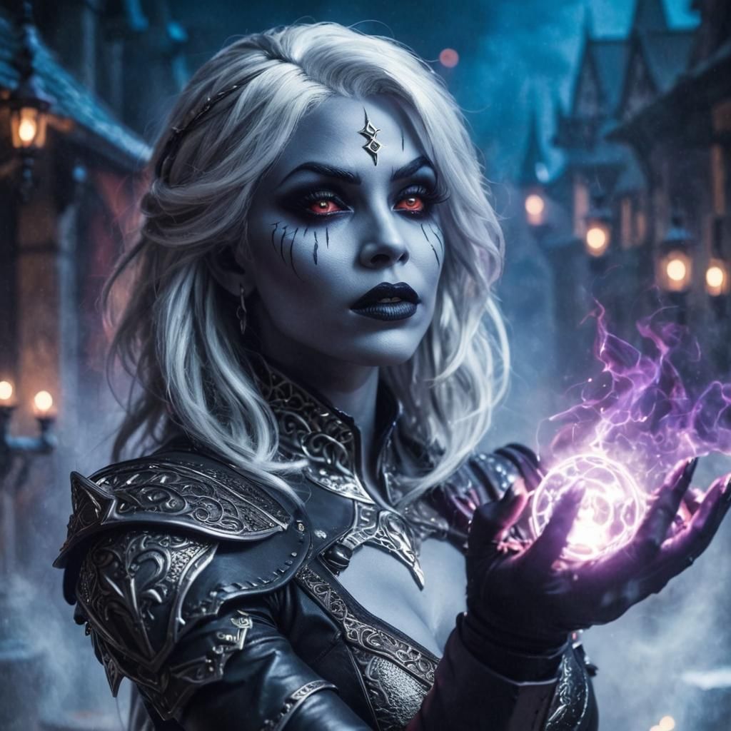 RAW Photo, wide angle lens, dangerous action shot of casting magic spell, female drow (grey skin:1.3), large bosom, tigh...