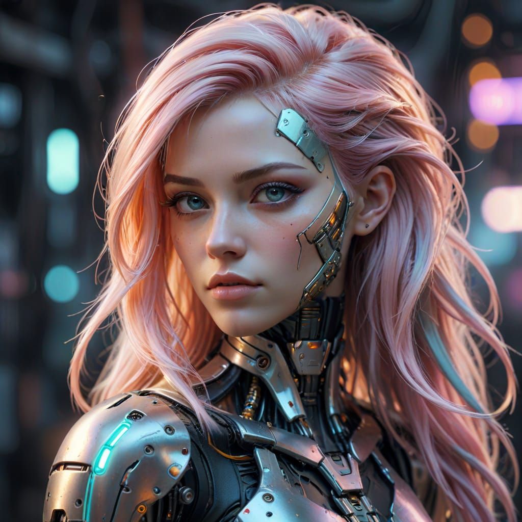 Cyberpunk Goddess with Robotic Head and Pastel Hair