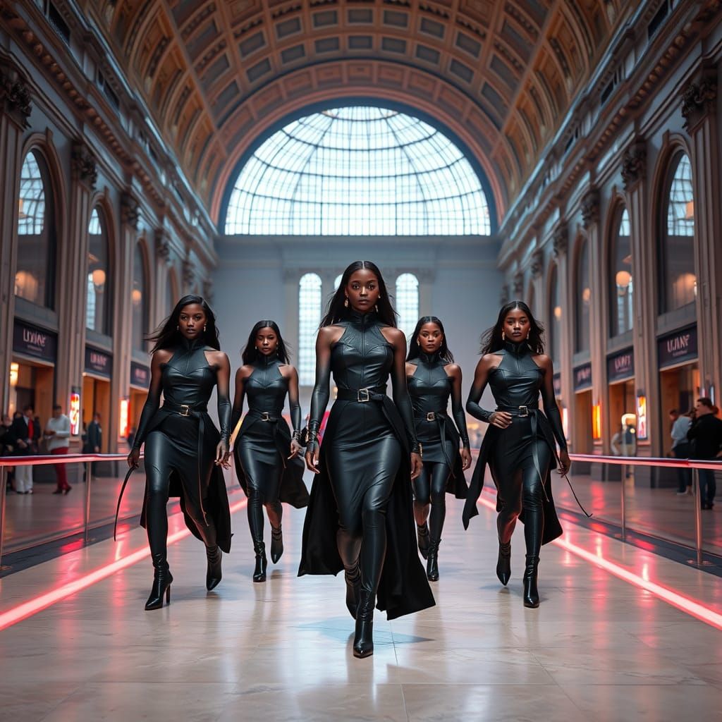 Elegant Black Women Strut Down Catwalk in Futuristic Galleri...