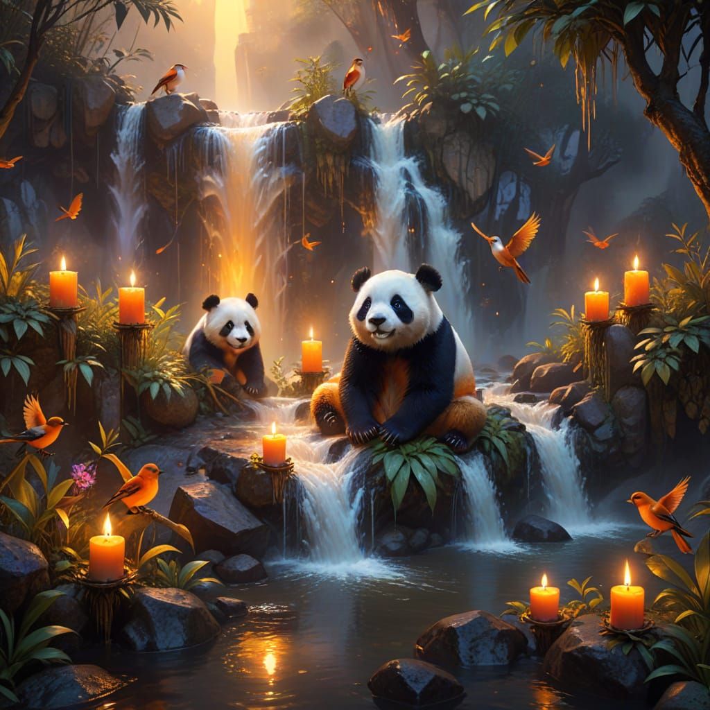 Fantasy Landscape with Fiolet Panda and Orange Birds near Wa...