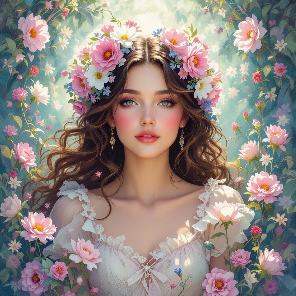 Ethereal Flower Portrait in Pre-Raphaelite Style