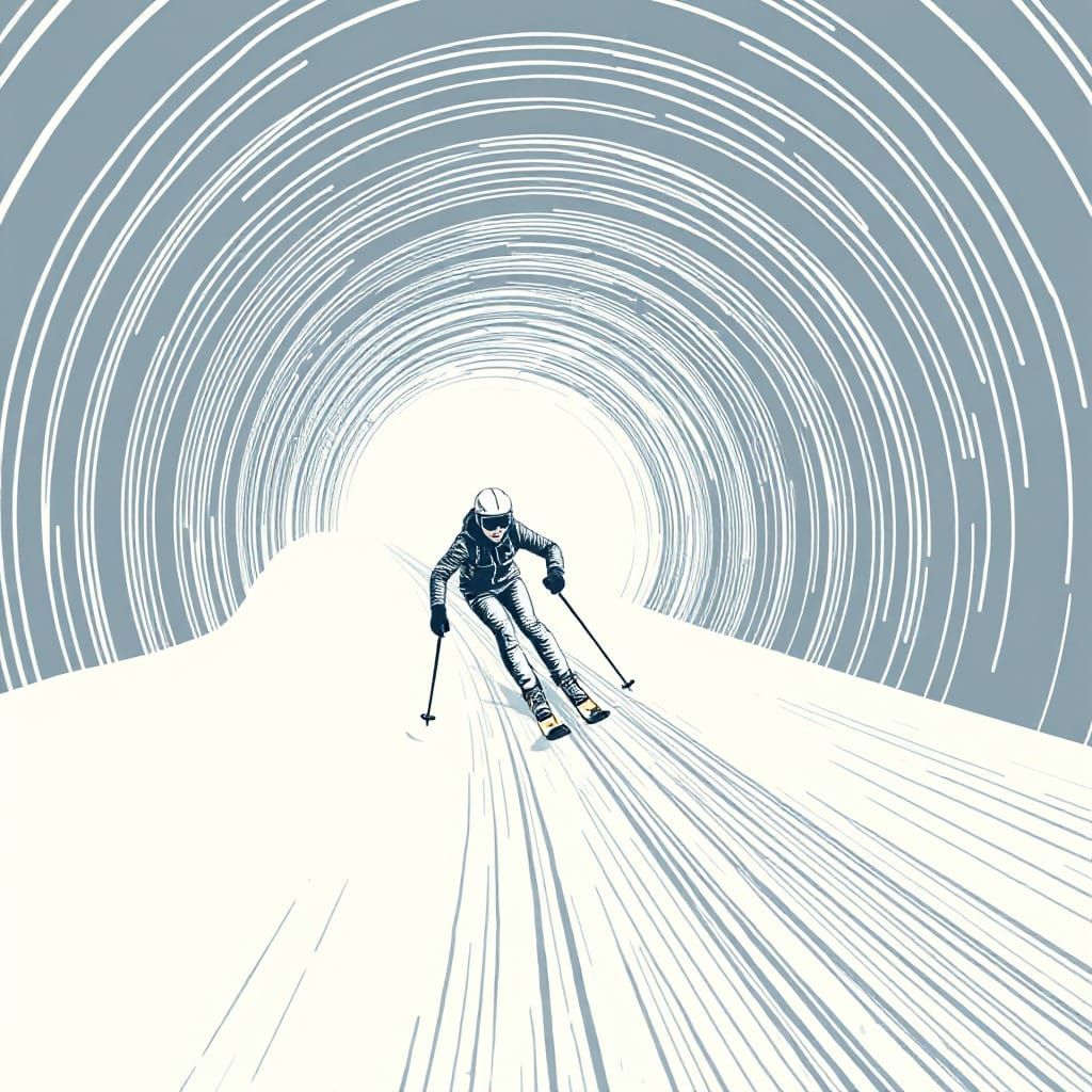 Skiing Figure in Linocut Style Tunnel of Light