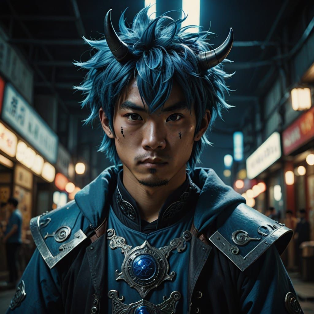 Chinese Man with Blue Punk Hair and Yak Costume