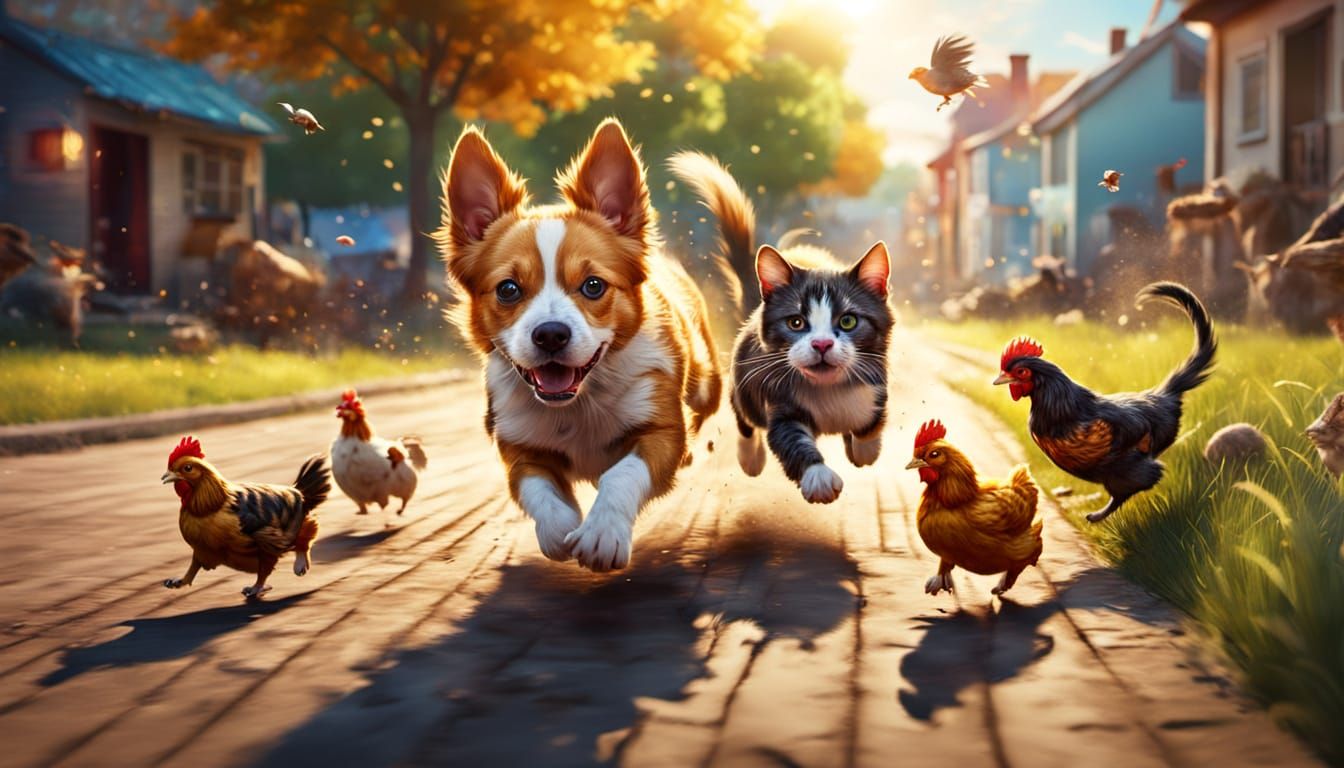 Humorous Hyperrealistic Animal Chase in Splash Art Style