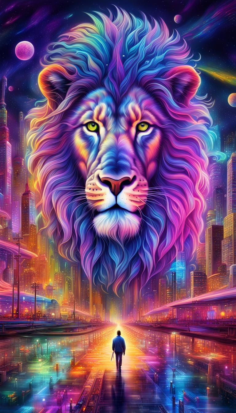 City Inside Transparent Lion: Neon Astral Illustration