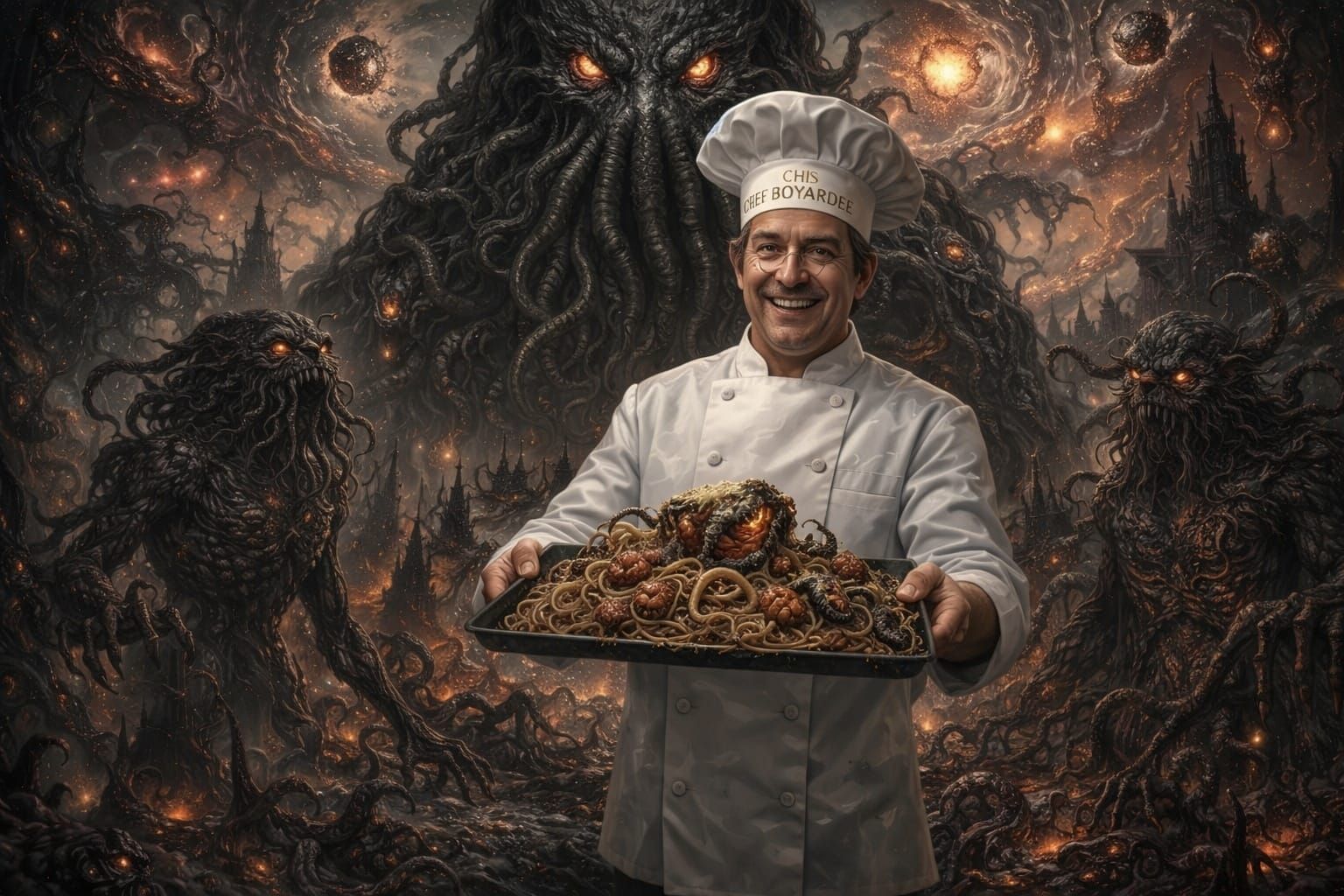 Cthulhu Surrounds Chefy Boyardee in Eldritch Landscape