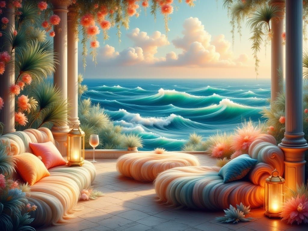 Serene Balcony Overlooking Ocean in Oil Painting Style