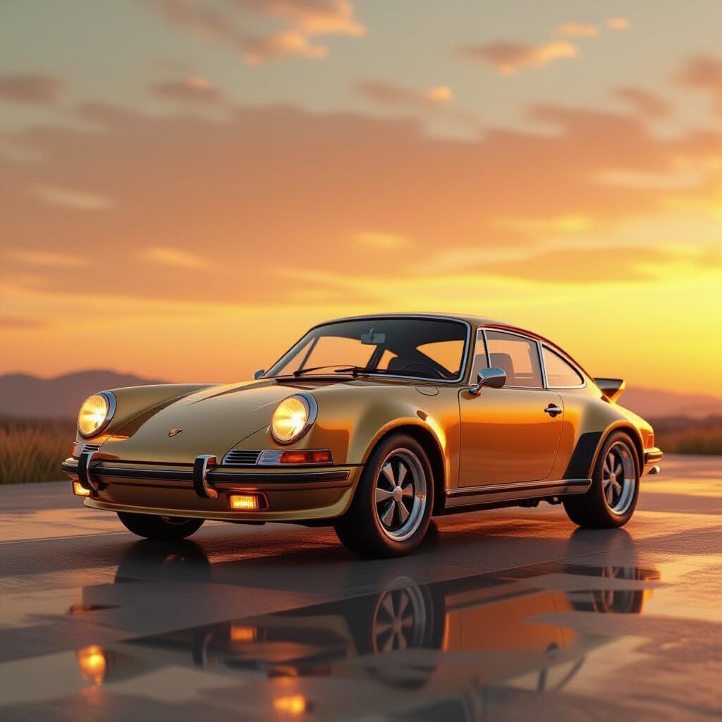 Vintage Porsche in Golden Sunset, Retro-Futuristic 3D Render