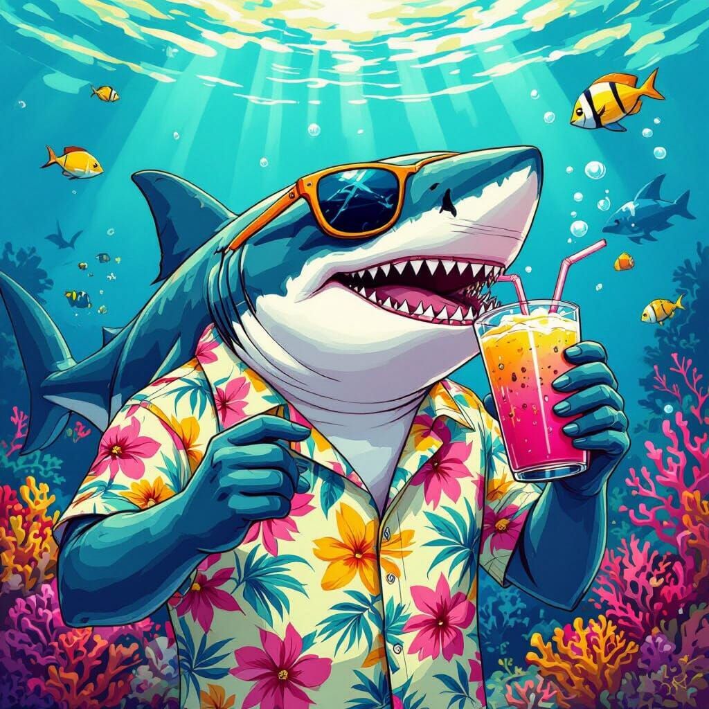 Megalodon Shark Sipping Smoothie in Pastel Underwater Scene