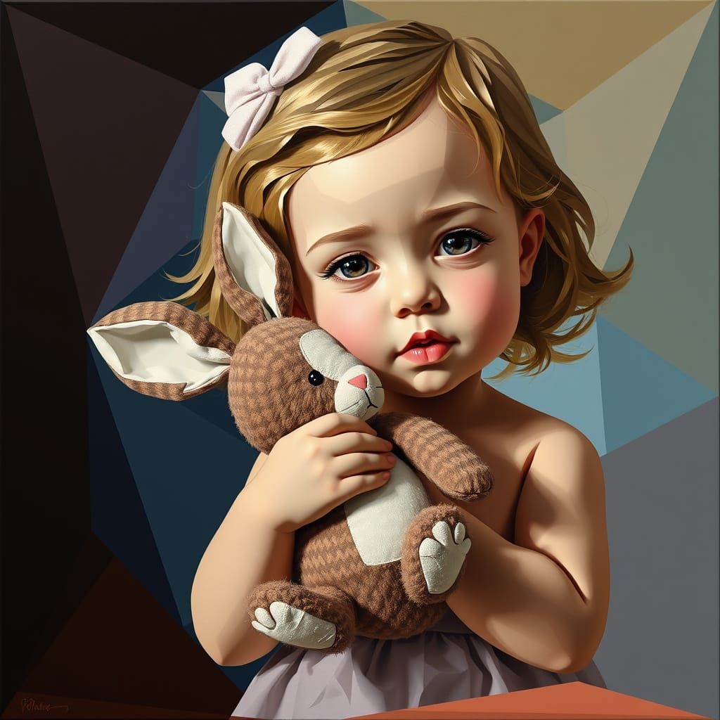 Cubist Girl Holds Her Beloved Bunny in a Geometric Dream
