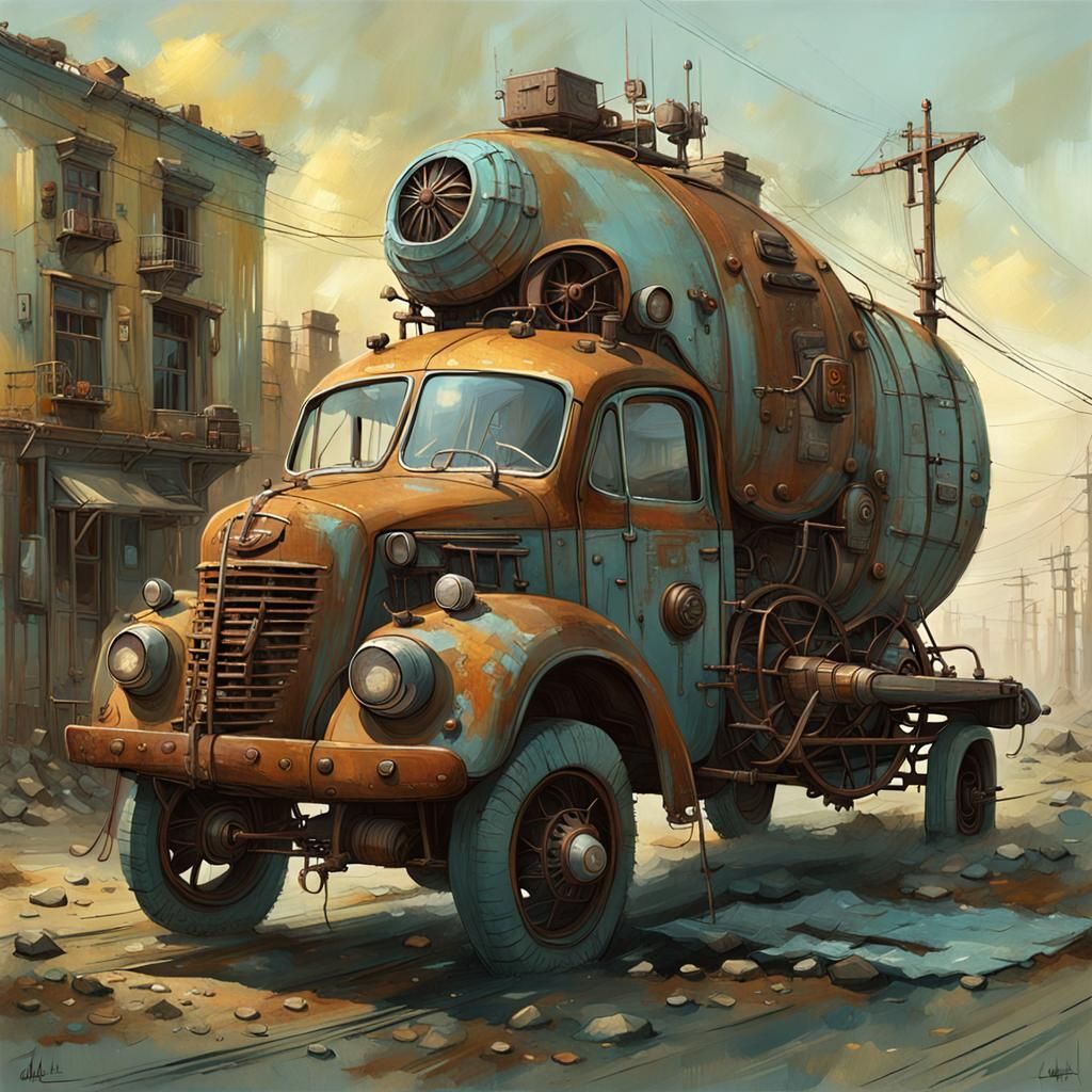 Rusty Surreal Futuristic Vehicle in Steampunk Style