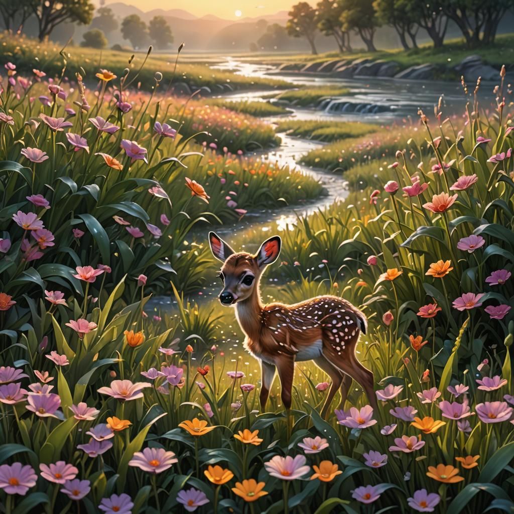 Baby Deer Hiding in Dawn Flower Field