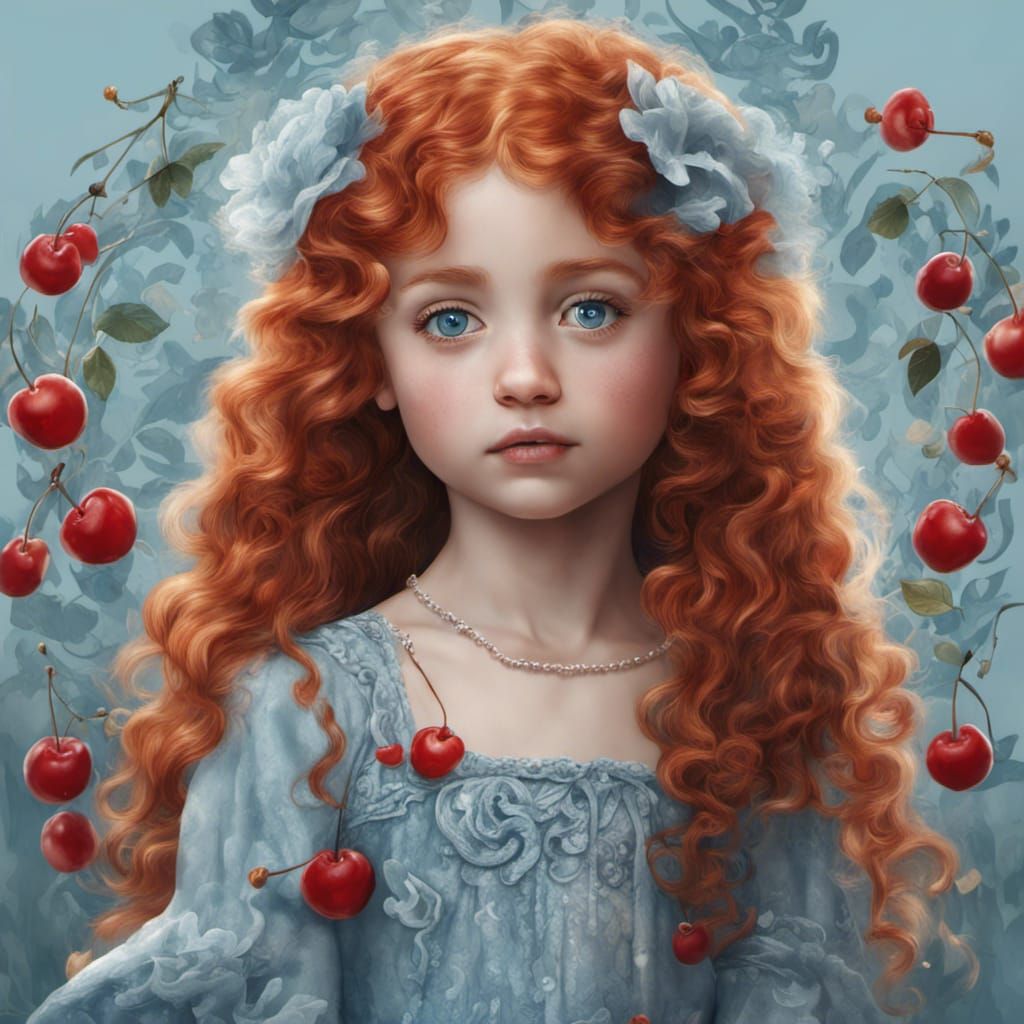 Little princess with curly red hair and blue eyes, in a ligh...