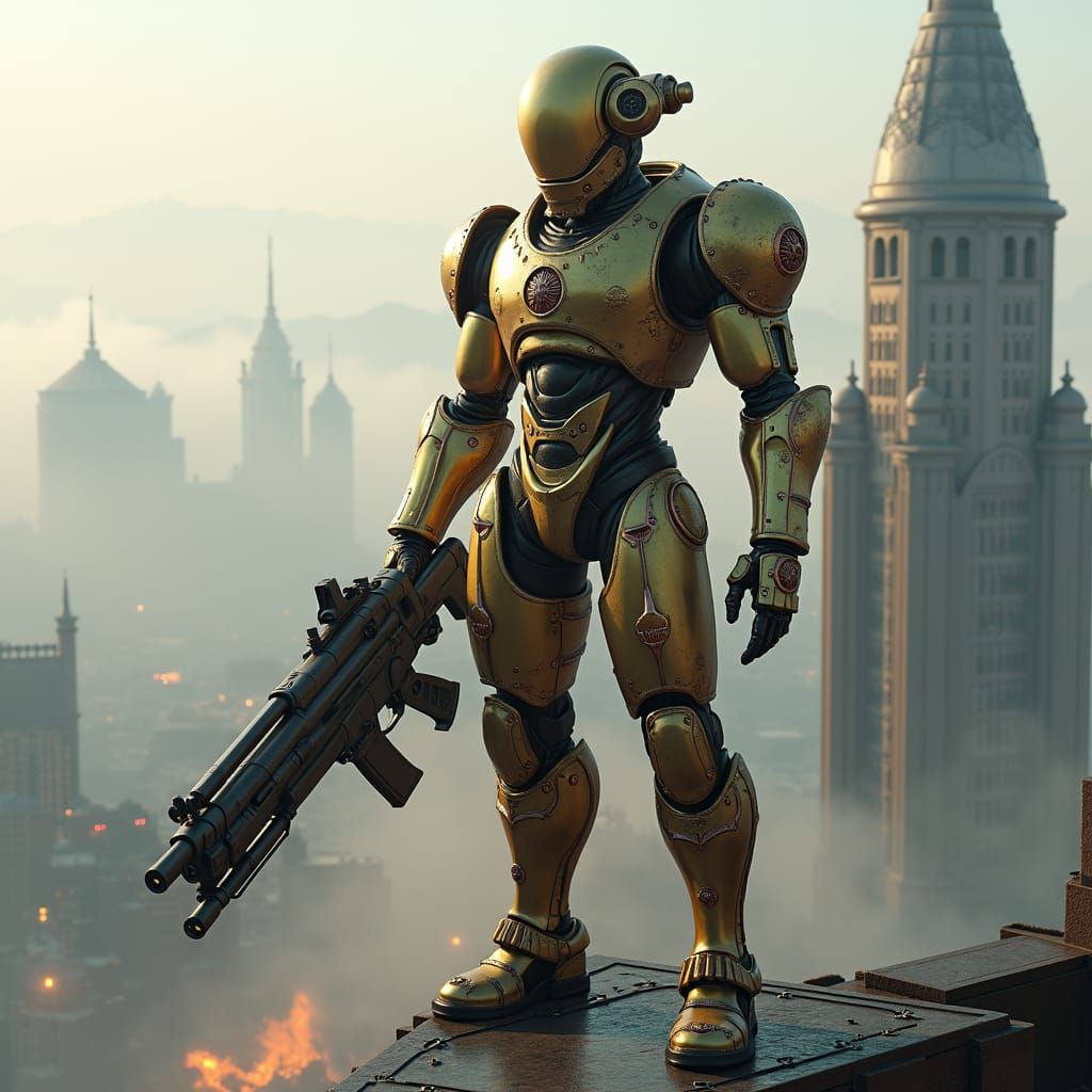 Android Victorious in Steampunk Metropolis