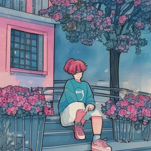 Cozy Anime Skater Girl in Dreamy Watercolor Landscape