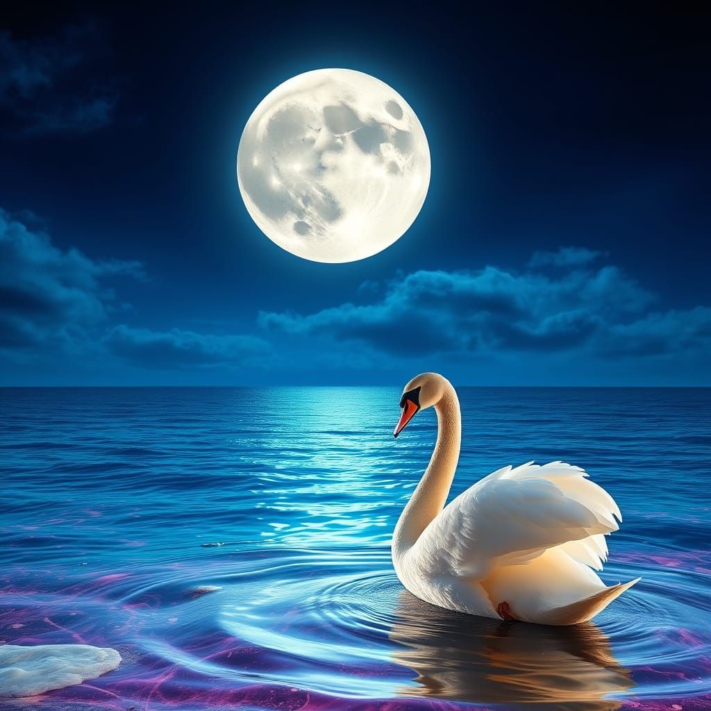 Ethereal Moonlit Scene of Swan Couple by the Sea