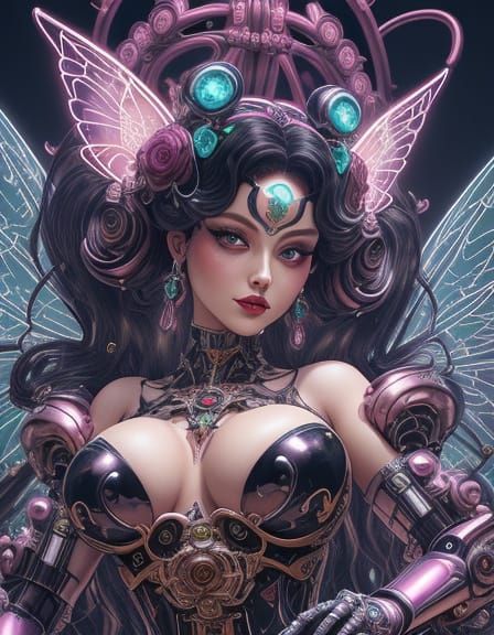 Sultry Art Nouveau Fairy Queen in Cyberpunk Hime Gyaru Attir...