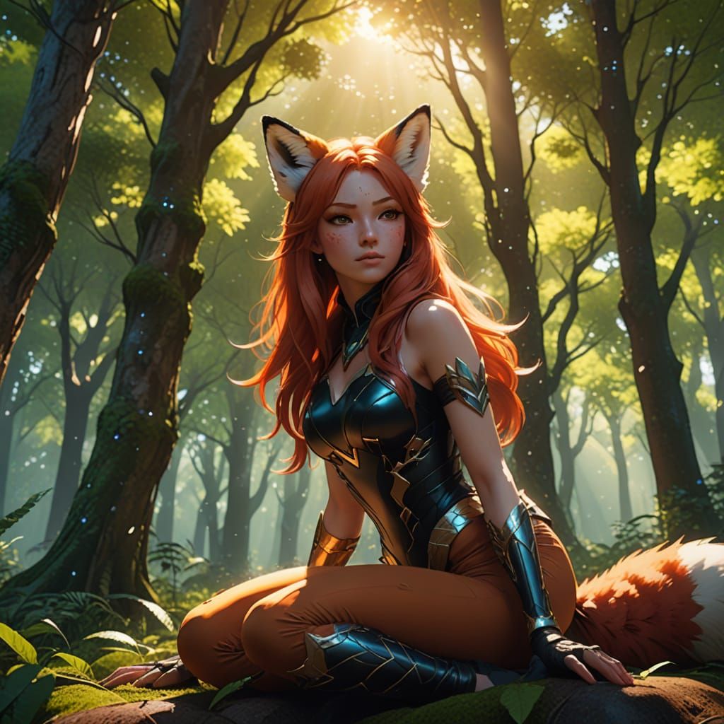 Anime Fox Girl in Magical Forest