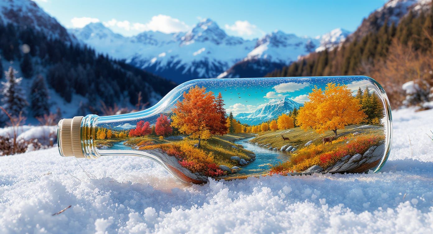 Autumn Scene Preserved in Winter Bottle, Hyperrealistic