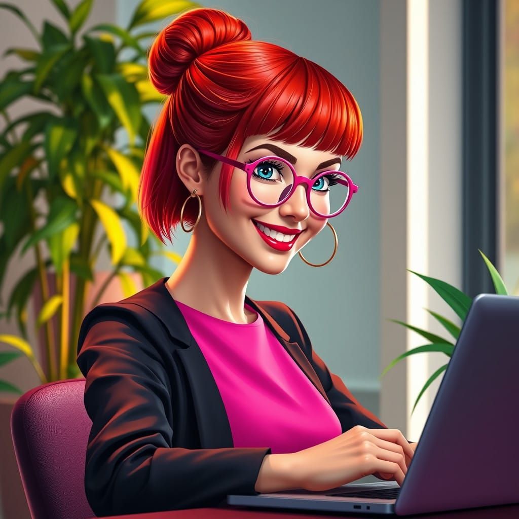 Vibrant Redhead Woman in Lush Office