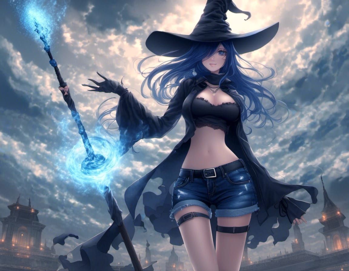 Denim Witch with Cloud Wand Under Overcast Sky