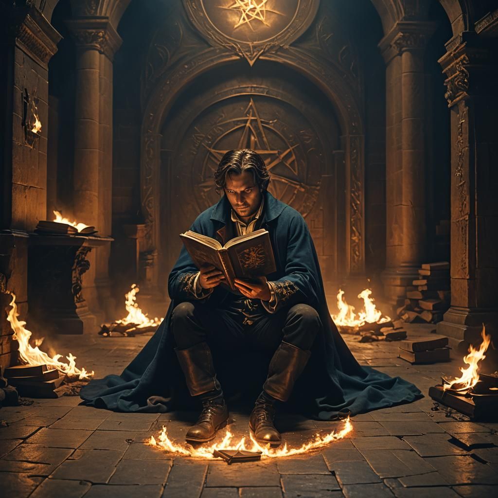Dark Fantasy Supernatural Man Reading by Firelight