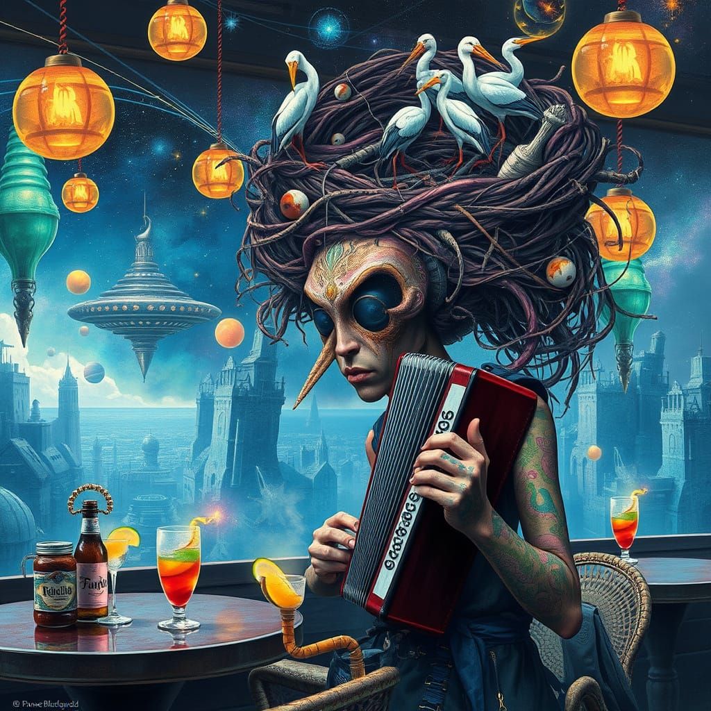 Galactic Accordionist in Surreal Cafe Utopia