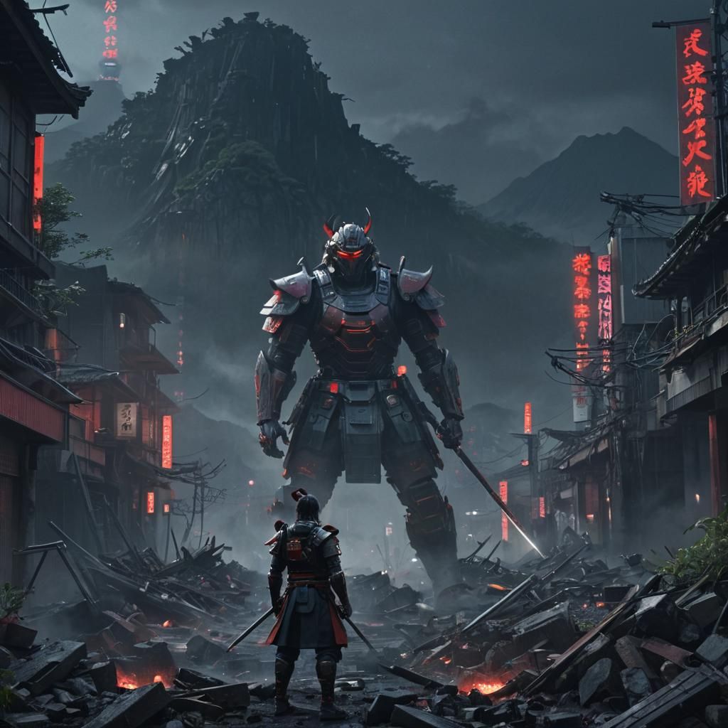 Samurai in Futuristic City with Neon Lights