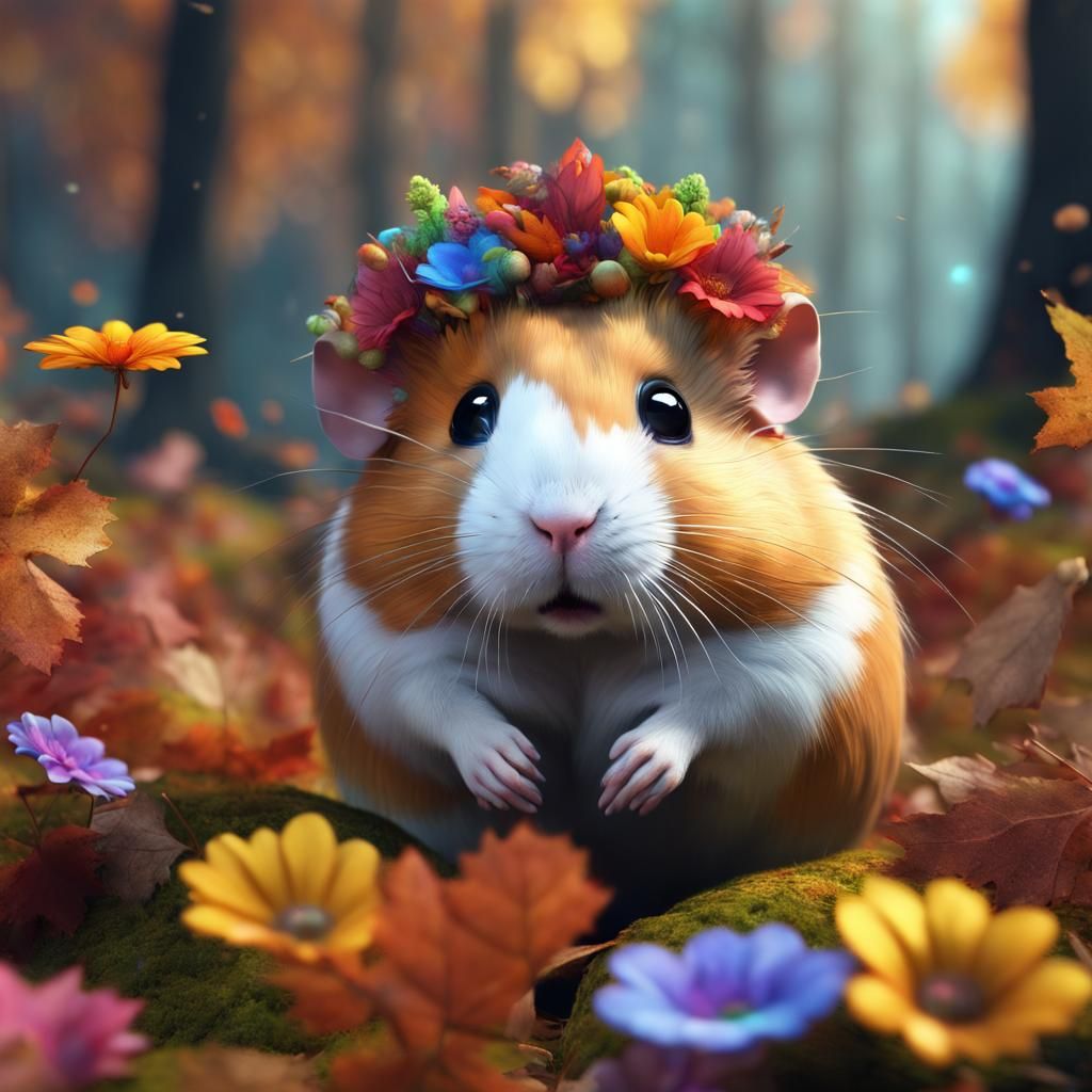 Hamster in Autumn Forest with Rainbow Flowers: Matte Paintin...