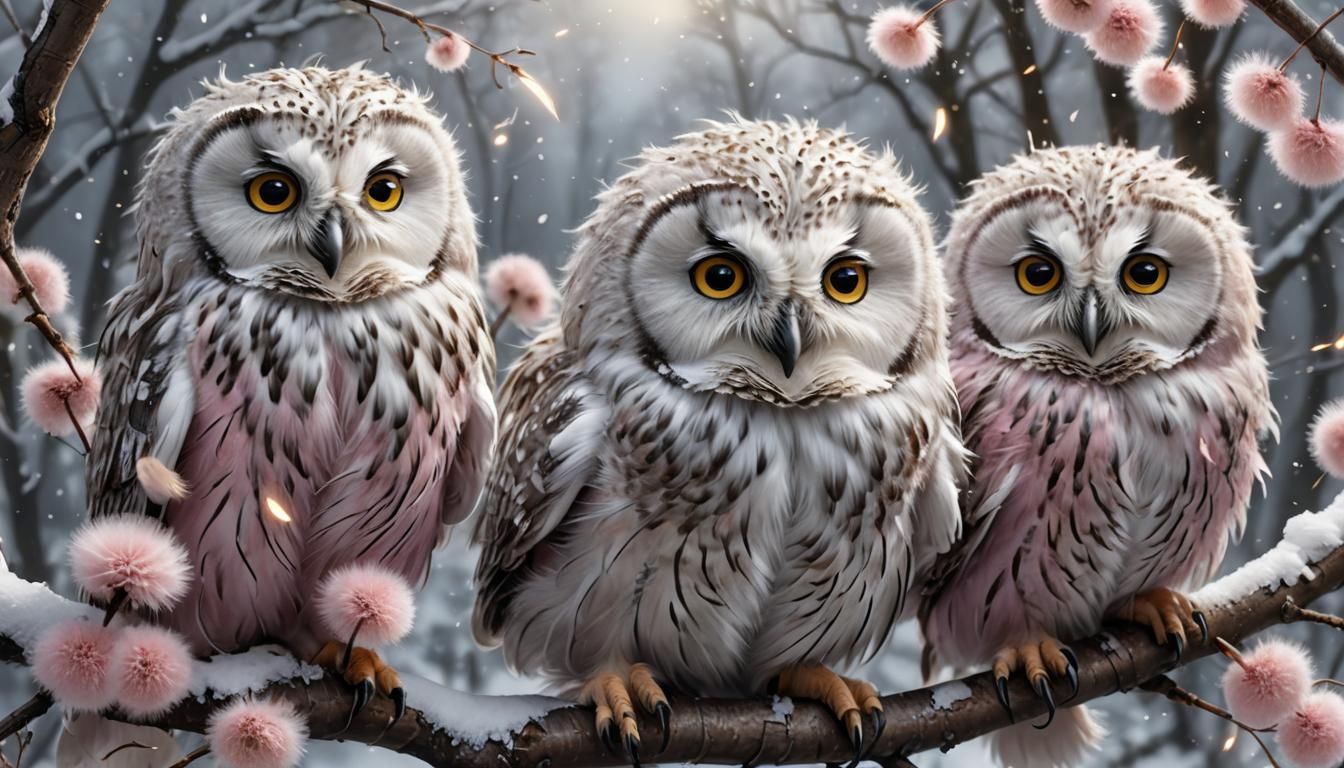 Cute Fluffy Baby Owls in Winter Forest