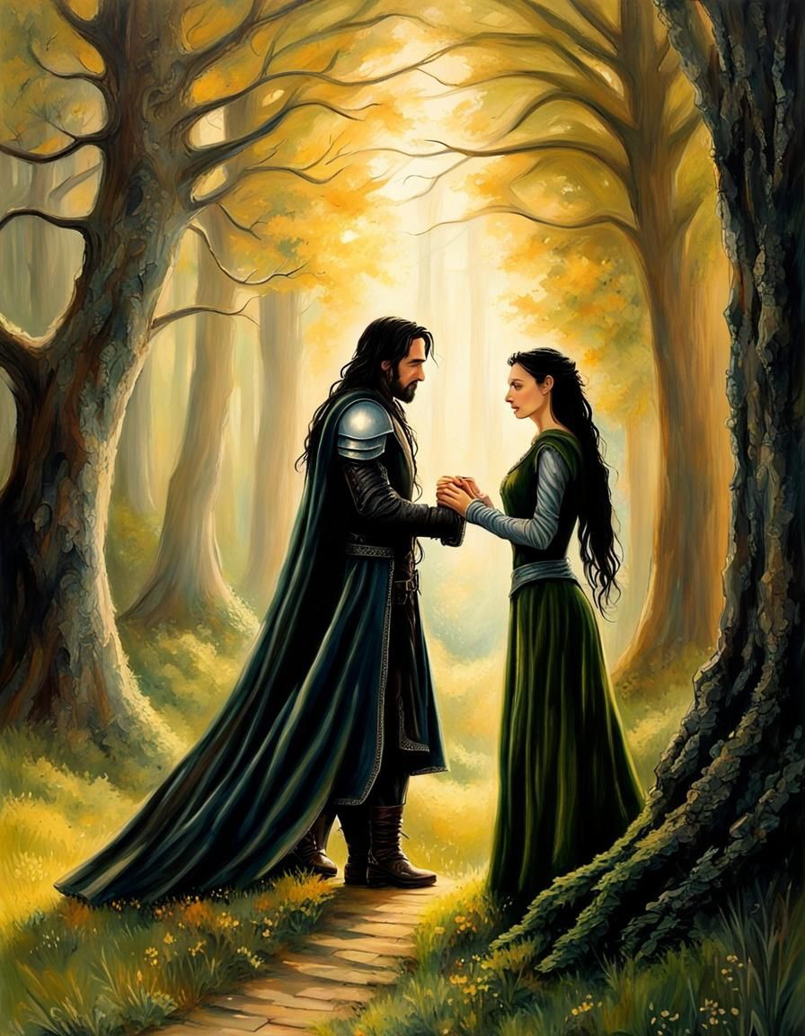 Affectionate Arwen and Aragorn in Arcanepunk Style