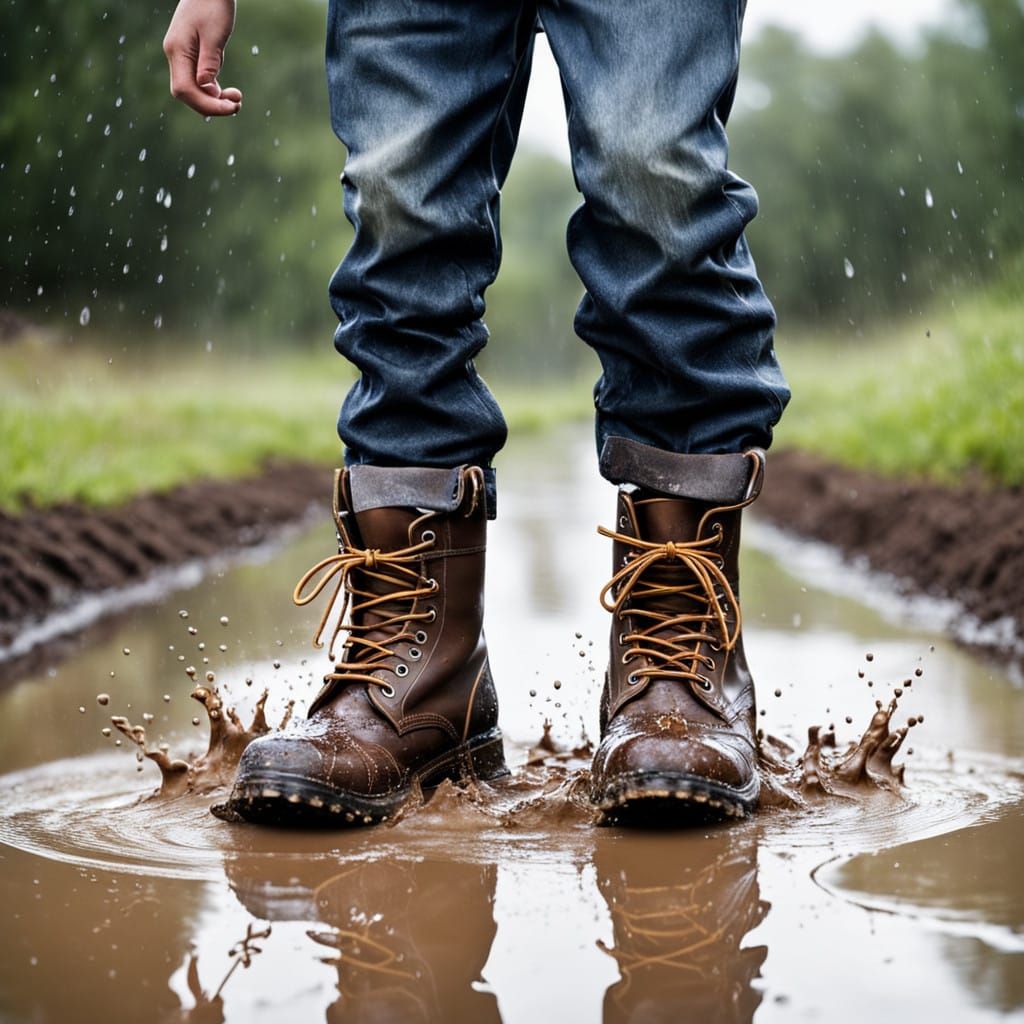 Country Boy's Boots Splash in a Rainy Puddle