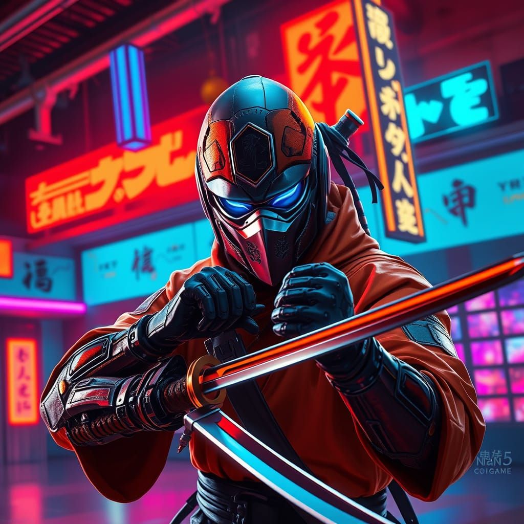Cyborg Ninja Sharpens Katana in Neon-Lit Dojo, in a Cyberpun...