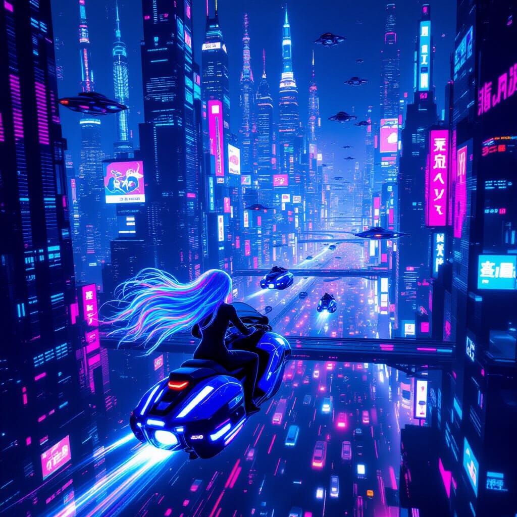 Cyberpunk City at Night with Woman on Hoverbike