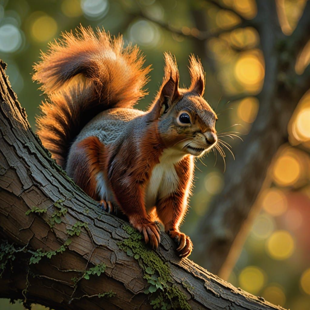 Red Squirrel in Mystical Sunset Glow