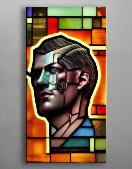 Cyberpunk Stained Glass Man: Bauhaus Style Poster