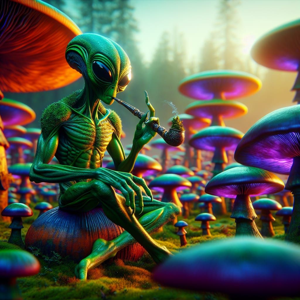 Psychedelic Alien Smoking Herb in Mushroom Field