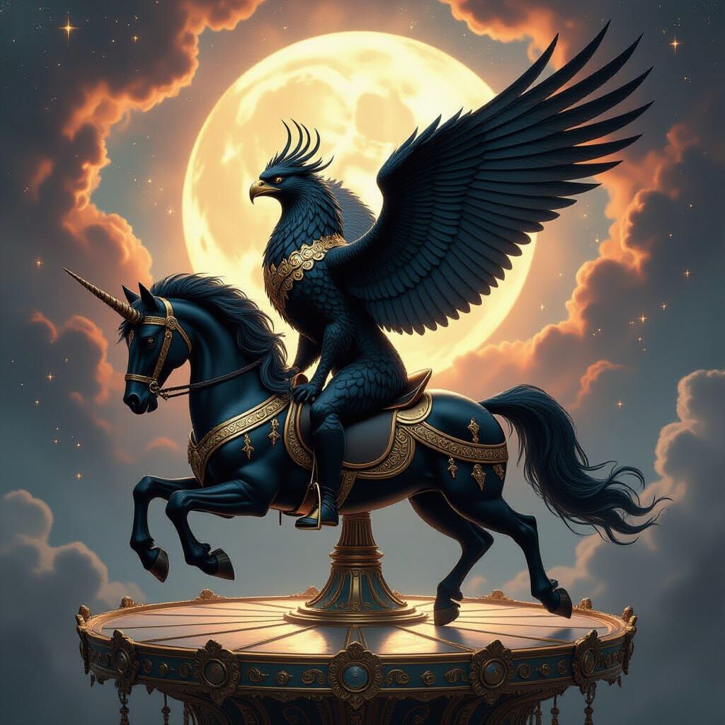 Obsidian Griffin on Moonlight Horse in Cosmic Nebula