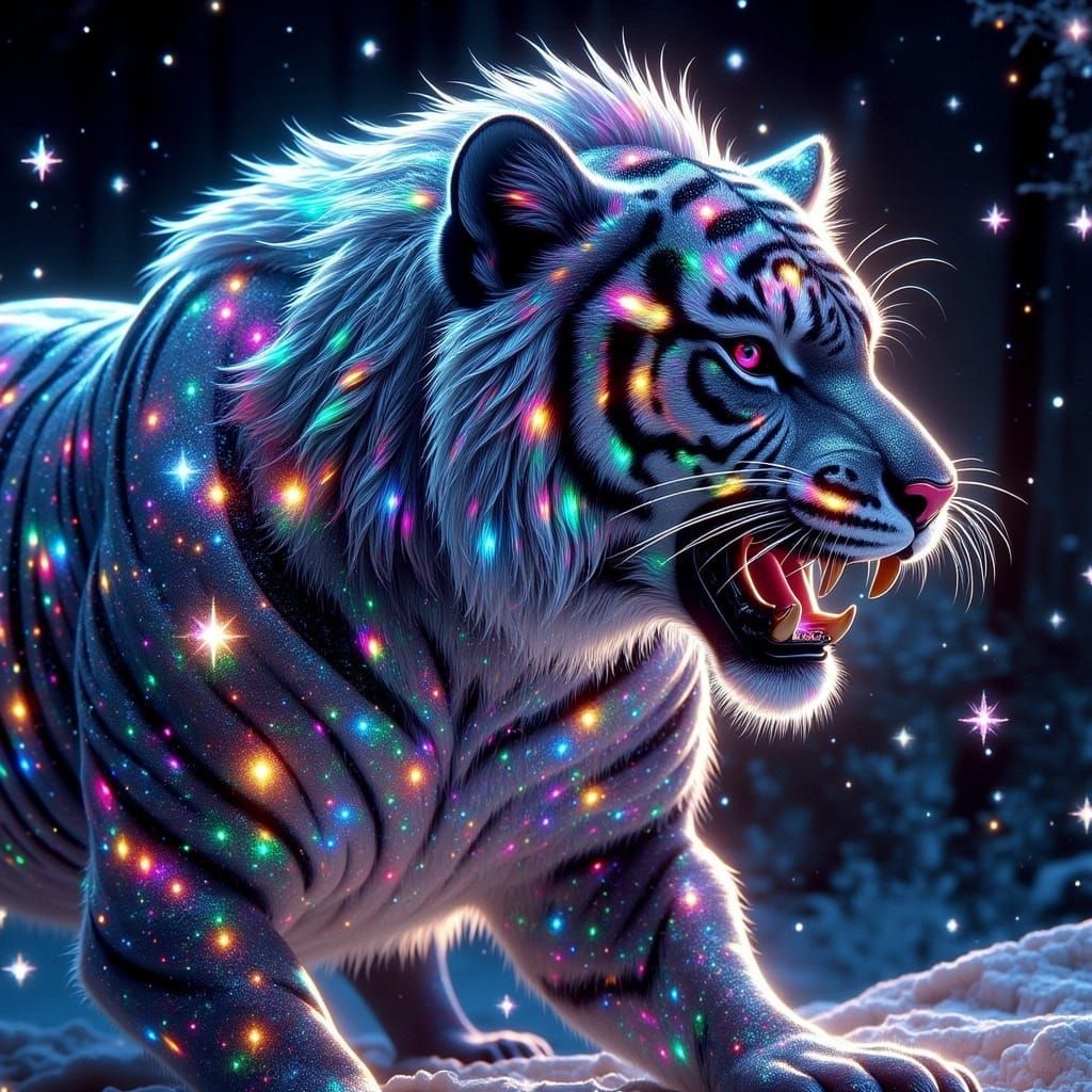 Holographic Sabertooth Tiger Portrait in Anime Style