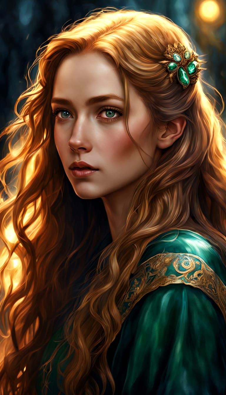 Stunningly beautiful woman with very long wavy flowing golden-brown hair and green eyes.