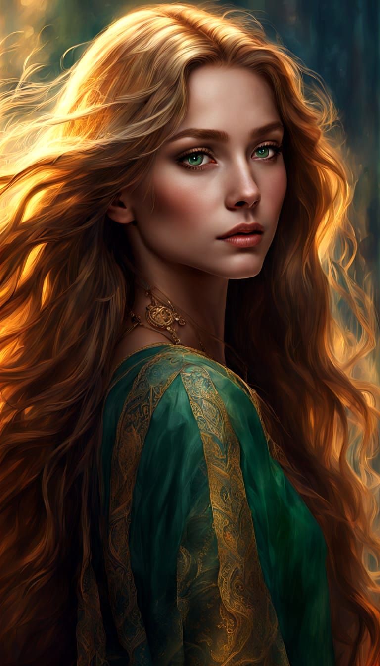 Stunningly beautiful woman with very long wavy flowing golden-brown hair and green eyes.