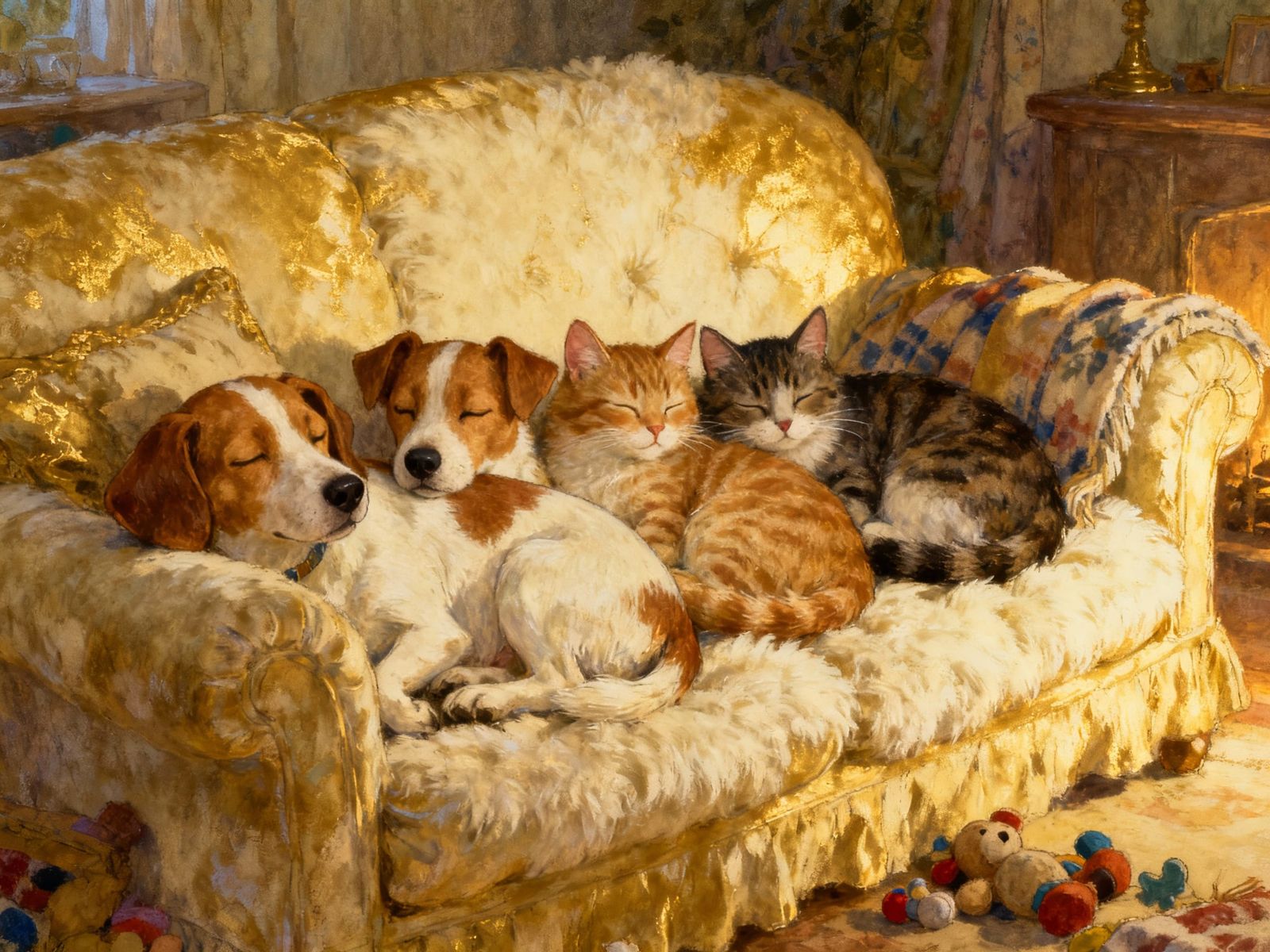 Cozy Dogs and Cats Relaxing on Sofa in Whimsical Style