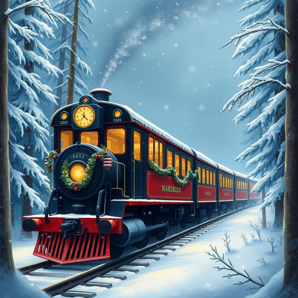 Festive Train in Snowy Forest Storybook Illustration