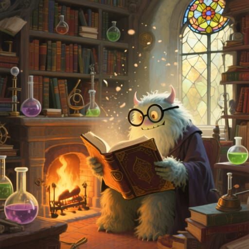 Cozy Wizard Study with Monster Reading Book