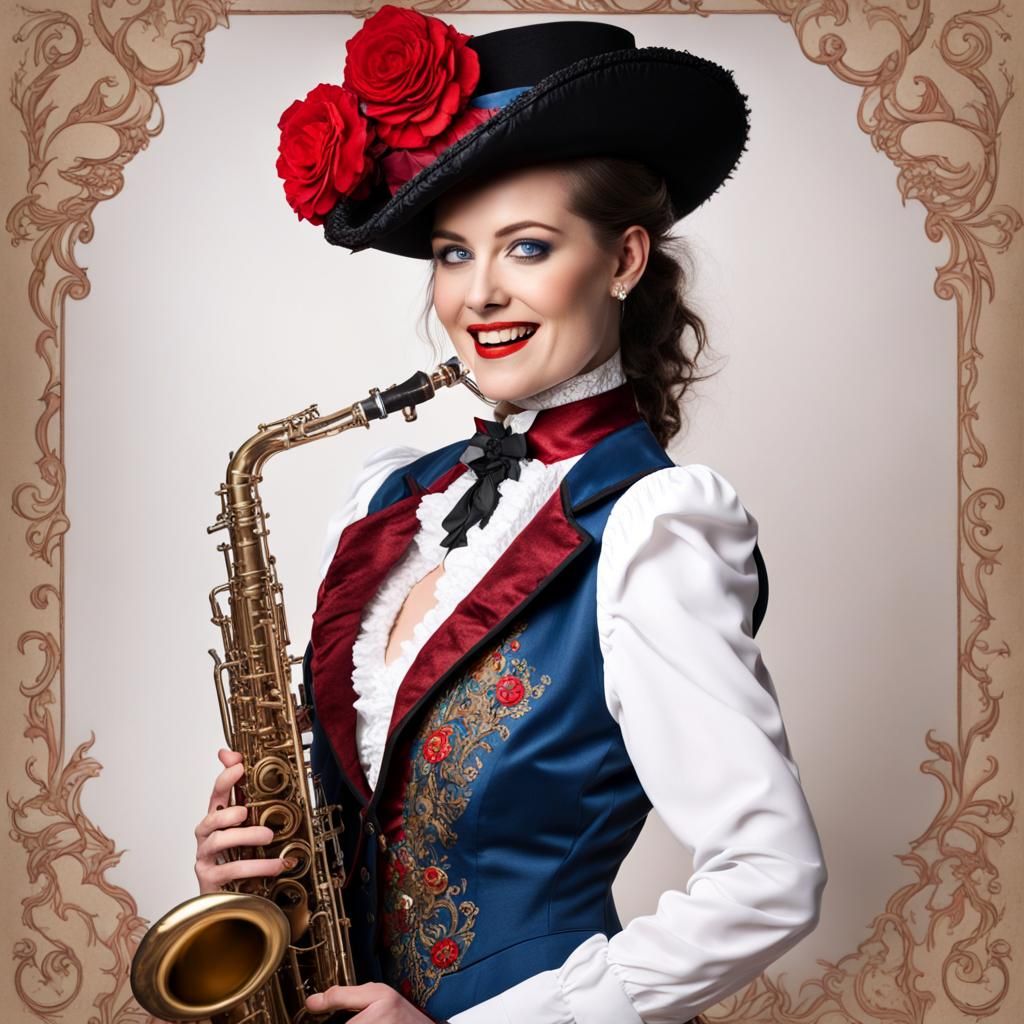 Steampunk Woman Playing Saxophone in Vintage Style