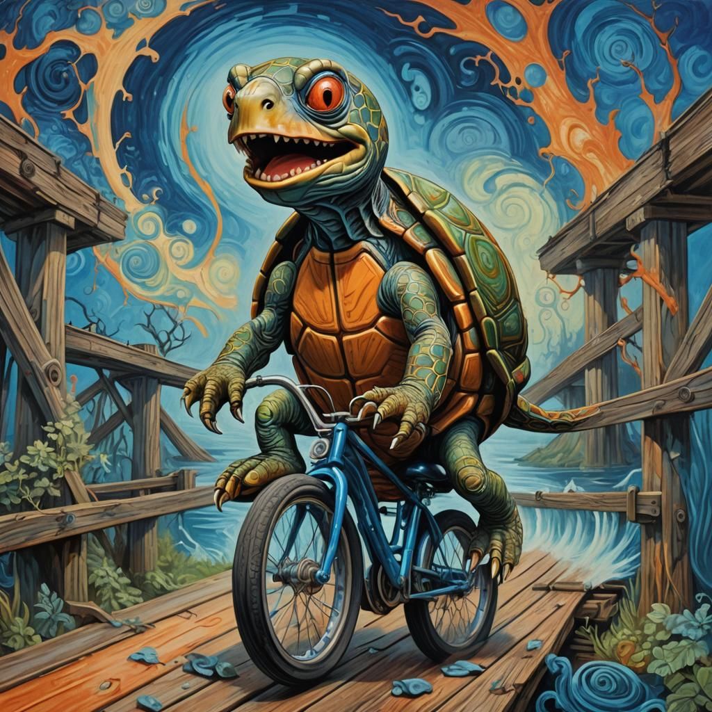 Emotive Turtle on Bridge in Maximalist Style